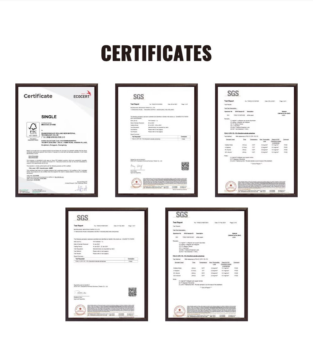 Certificates: ECO CERT, SGS Test Reports